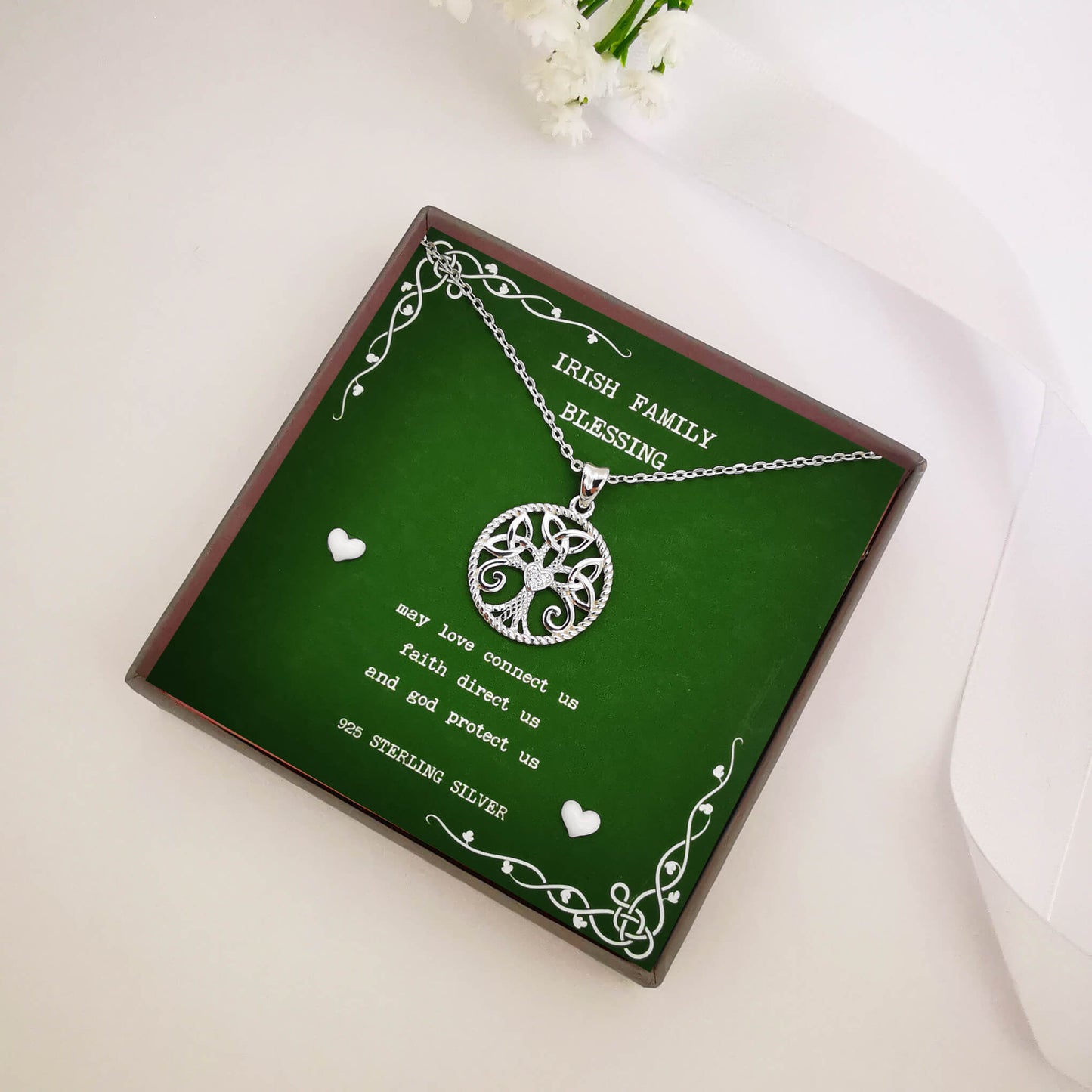 Irish family blessing sterling silver gift necklace. Features traditional Irish blessing and comes box with a hand embellished insert ready to gift. 