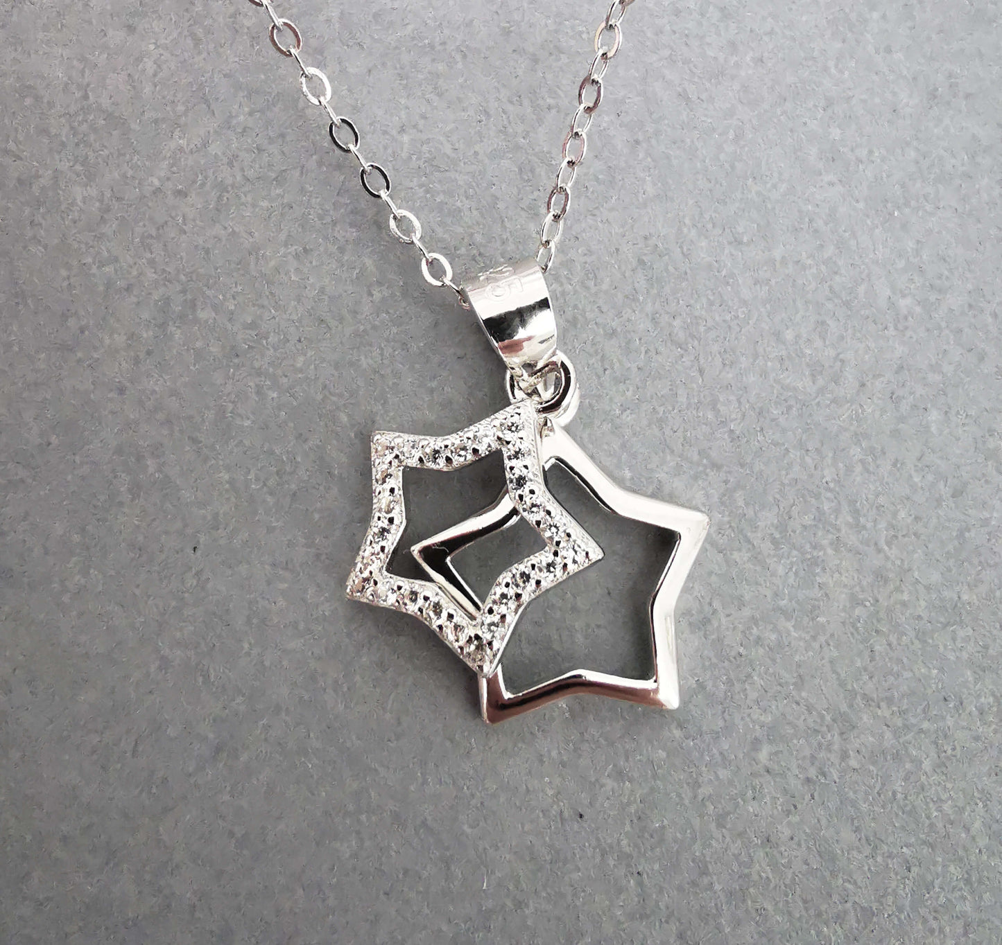 Sterling Silver Double Star Diamante Pendant Necklace – Memorial Gift or Farewell Gift with Inspirational Quote