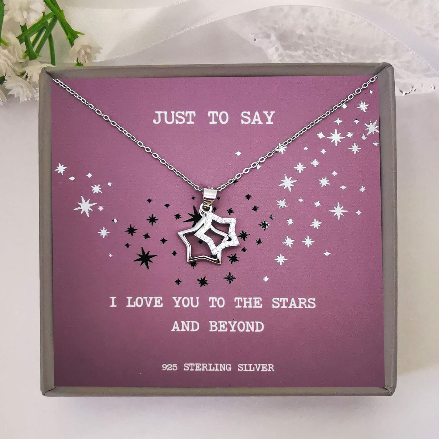 sterling silver double heart pendant necklace with zirconia.  Comes boxes with handmade and foiled insert with the quote "I love you to the stars and beyond". Unique valentines, Christmas, birthday gift for the one you love.