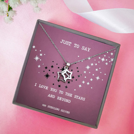 sterling silver double heart pendant necklace with zirconia.  Comes boxes with handmade and foiled insert with the quote "I love you to the stars and beyond". Unique valentines, Christmas, birthday gift for the one you love.