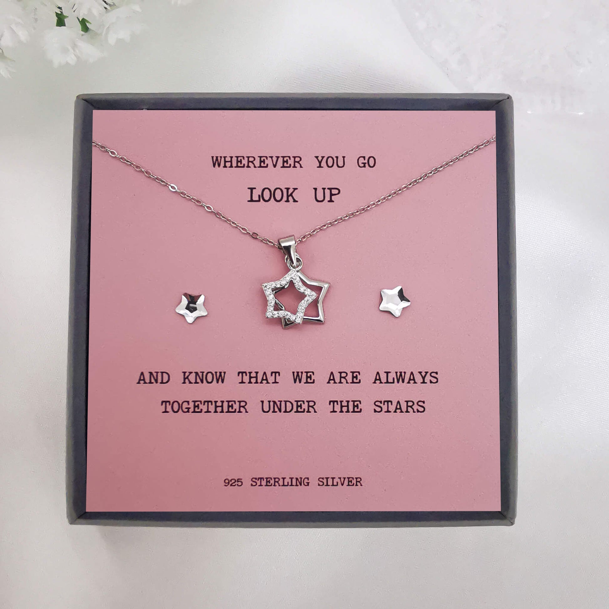 Sterling silver double star pendant necklace. Pink handmade hand embellished insert with the quote "wherever you go look up and know that we are always together under the stars".  Leaving gift, loss, motivational gift for those far away.