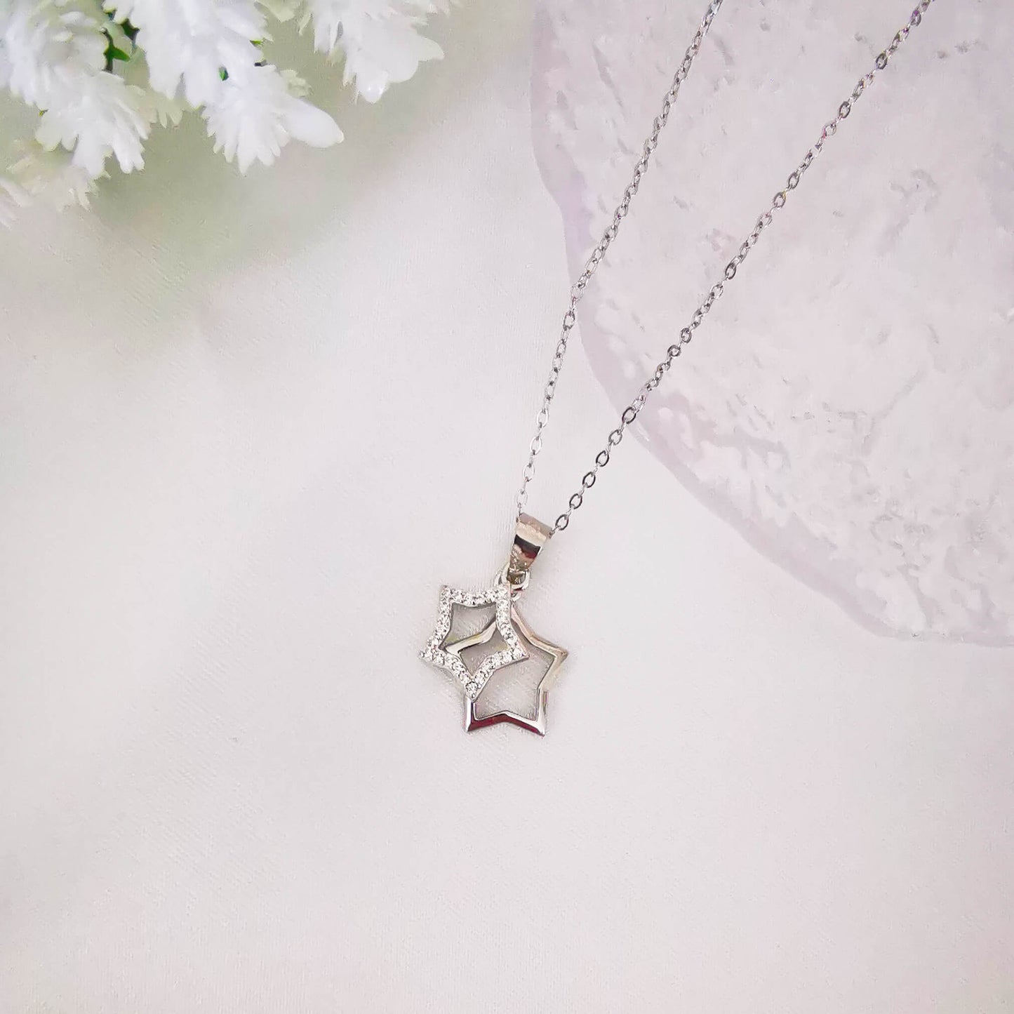 Sterling Silver Double Star Diamante Pendant Necklace – Memorial Gift or Farewell Gift with Inspirational Quote