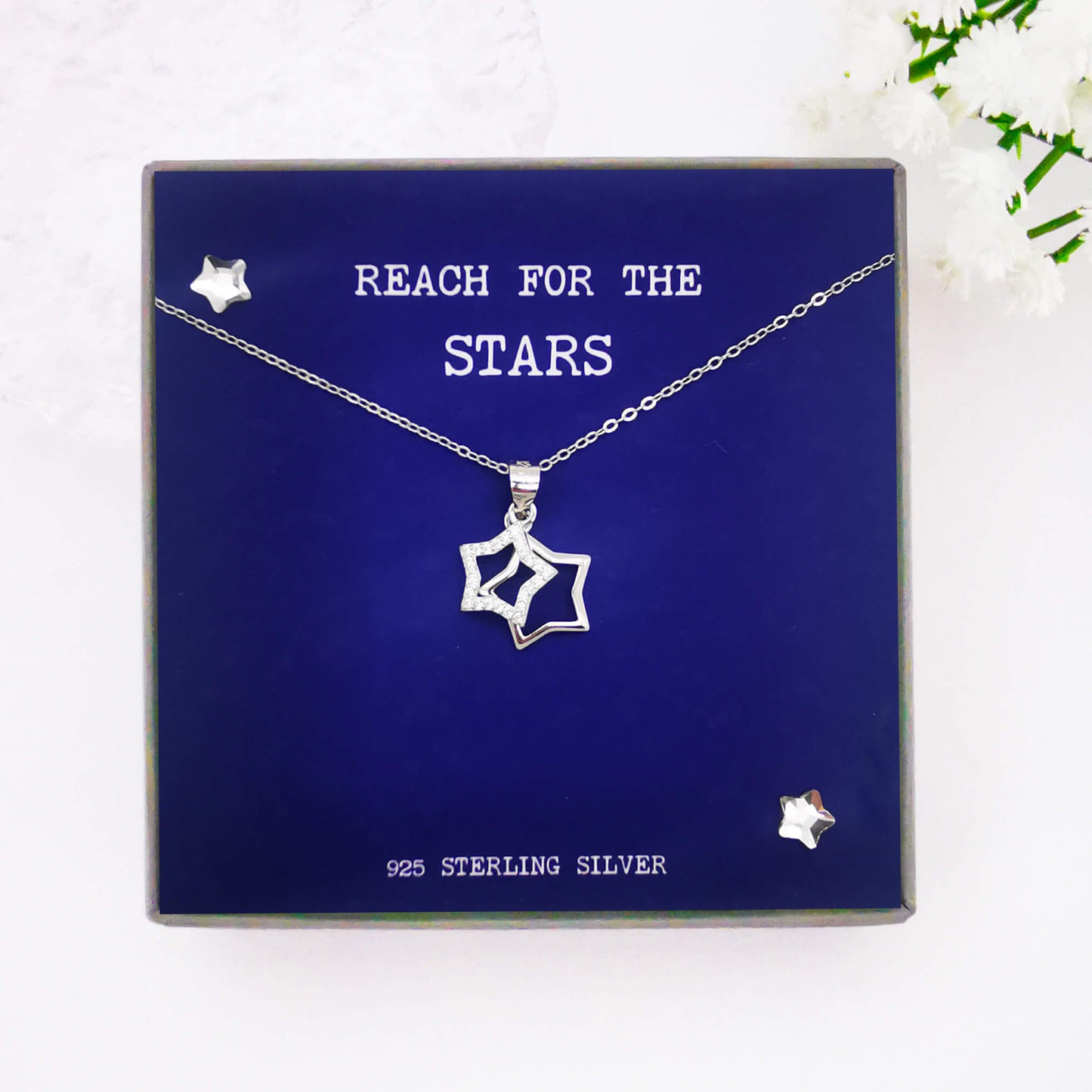 sterling silver double star pendant necklace with zircona.  Boxed with beautiful handmade and hand embellished insert "reach for the stars". Beautiful motivational gift for  mum, daughter, sister or friend.