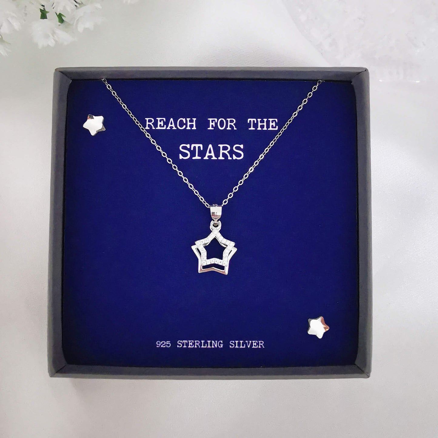 sterling silver double star pendant necklace with zircona.  Boxed with beautiful handmade and hand embellished insert "reach for the stars". Beautiful motivational gift for  mum, daughter, sister or friend.