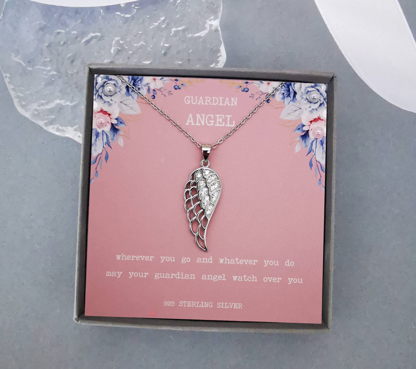 sterling silver angel wing memorial necklace.  Quote gift "wherever you go and whatever you do ay your guardian angel watch over you".  The perfect loss, remembrance, sympathy stillbirth, child loss gift.