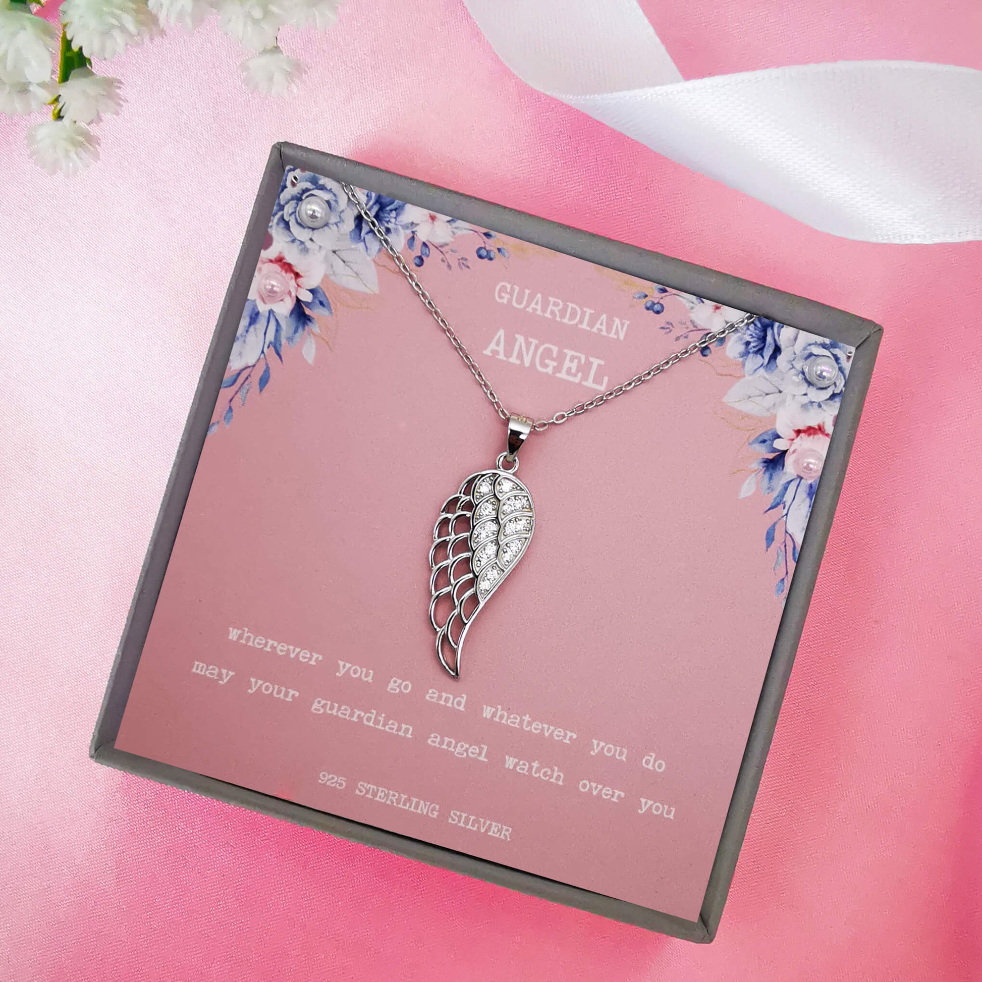 sterling silver angel wing memorial necklace.  Quote gift "wherever you go and whatever you do ay your guardian angel watch over you".  The perfect loss, remembrance, sympathy stillbirth, child loss gift.