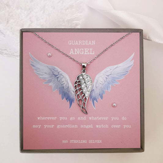 Sterling silver angel wing necklace with cubic zirconia.  Boxed with guardian angel quote embellished insert "wherever you go and whatever you do may your guardian angel watch over you". The perfect memorial, loss, remembrance gift.