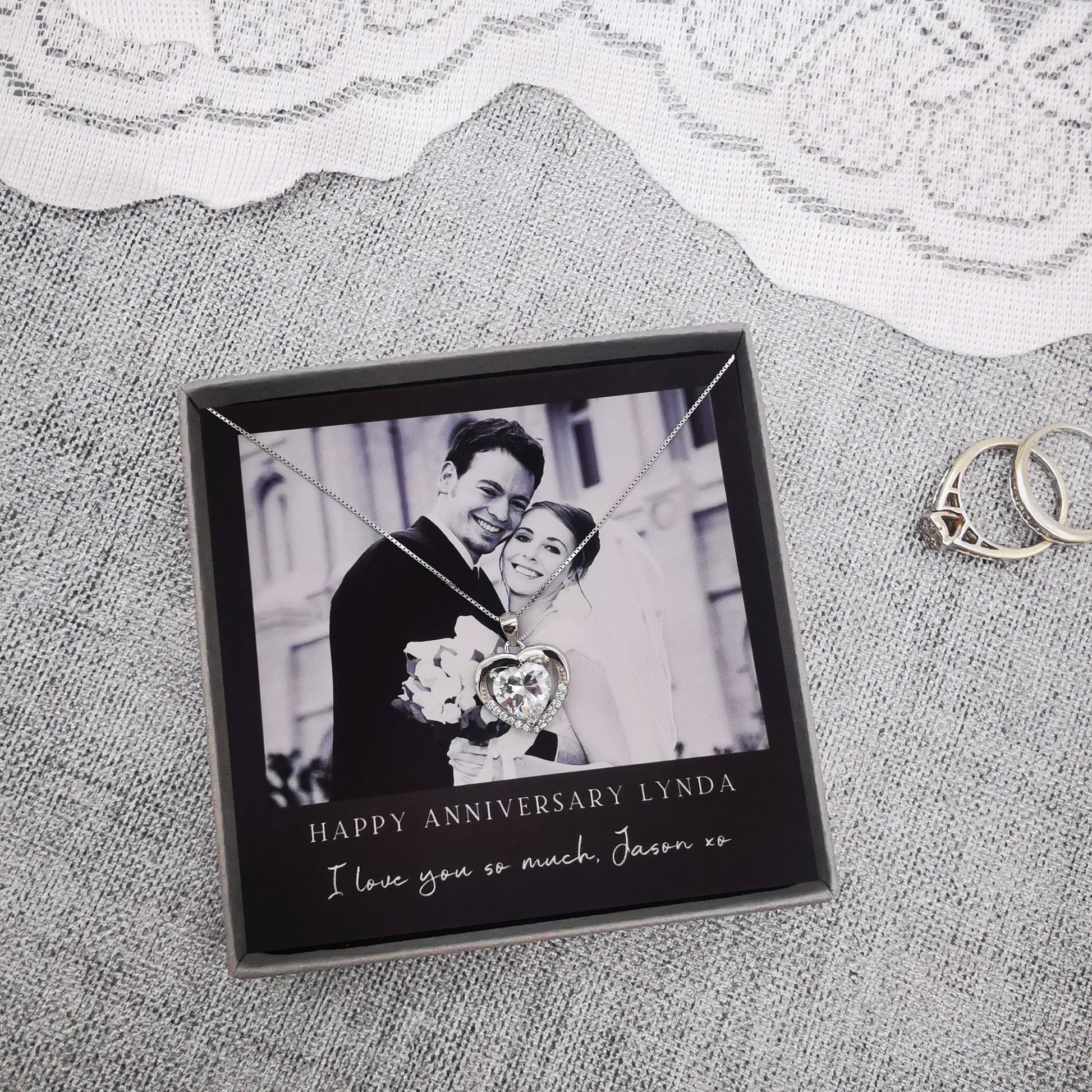 Anniversary gift. Monochrome black & white photo necklace. Personaliseable and bespoke gift. Comes with sterling silver heart pendant with cubic zirconia. 