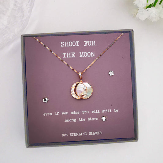 Shoot for the moon rose gold quote necklace. Zirconia and shell crescent moon and star pendant. Motivational inspirational gift. 