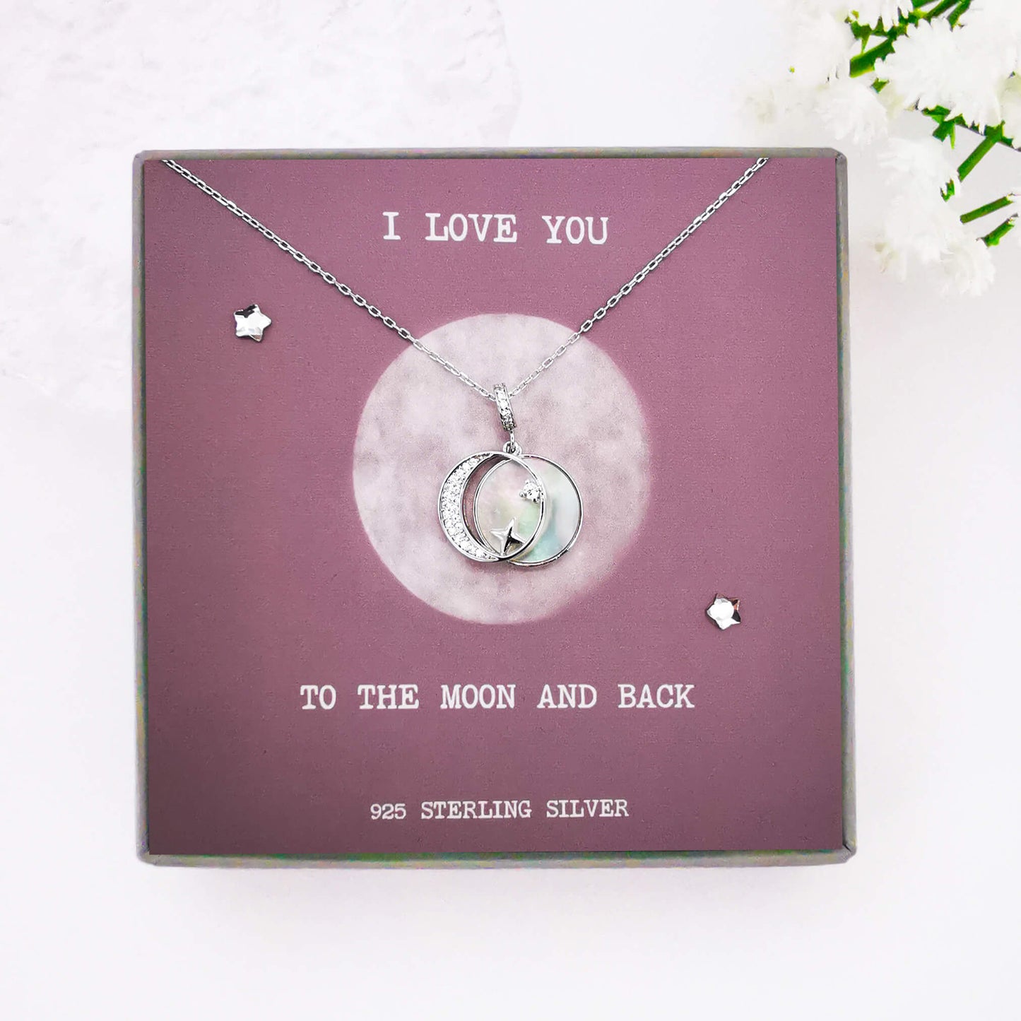 Sterling Silver Moon and Star Pendant Necklace with Cubic Zirconia and White Shell – Meaningful Gift for Loved Ones