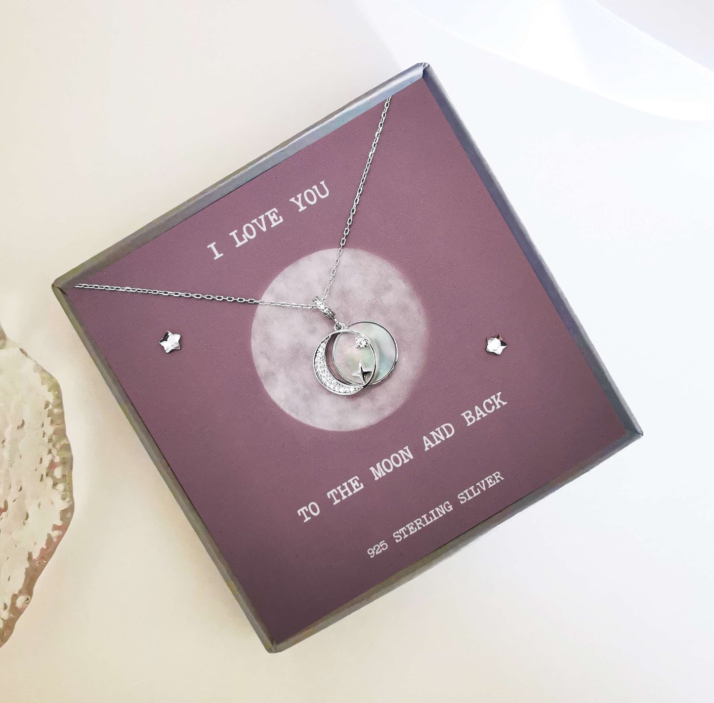 Sterling Silver Moon and Star Pendant Necklace with Cubic Zirconia and White Shell – Meaningful Gift for Loved Ones