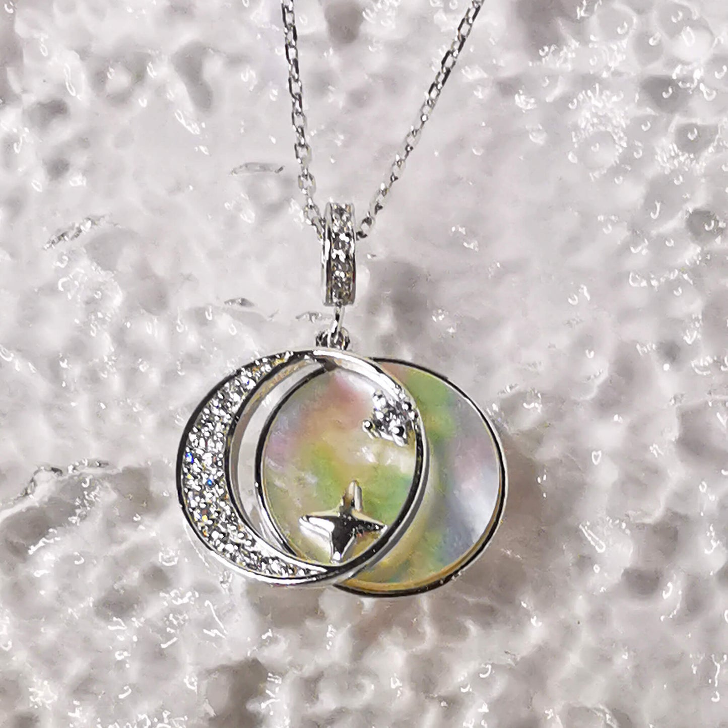 Sterling Silver Moon and Star Pendant Necklace with Cubic Zirconia and White Shell – Meaningful Gift for Loved Ones