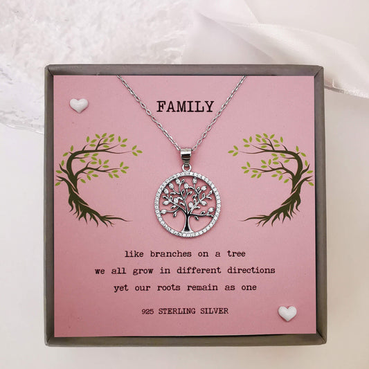 High quality 925 sterling silver tree of life pendant with cubic zirconia. Comes boxed with handmade hand embellished insert featuring the quote "like branches on a tree we all grow in different directions yet our roots remain as one".  Unique gift for mum, sister, aut, gran.