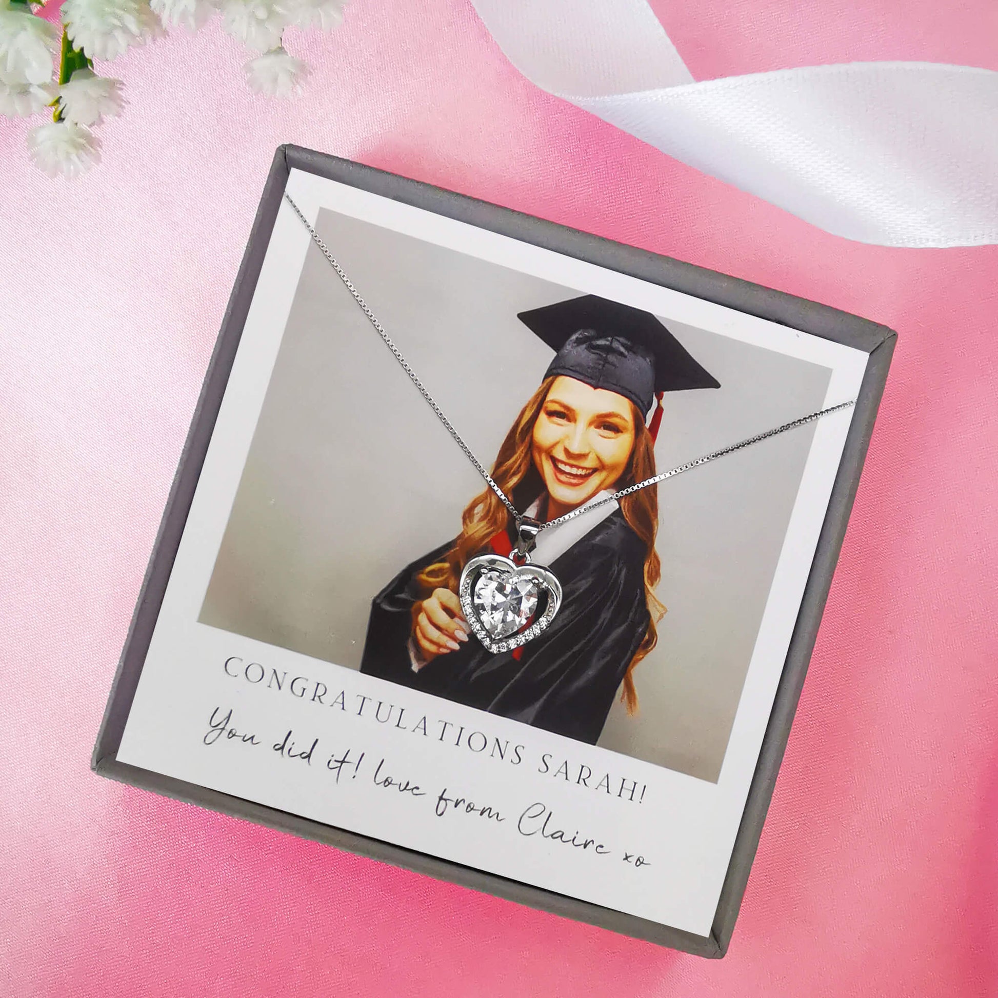 Graduation achievement motivation photo necklace. Bespoke personalised gift. Write your own message. Boxed with sterling silver heart pendant necklace. 