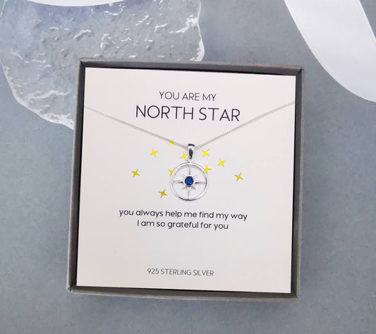 Sterling Silver North Star Pendant Necklace with Blue Zirconia - Symbol of Guidance and Appreciation