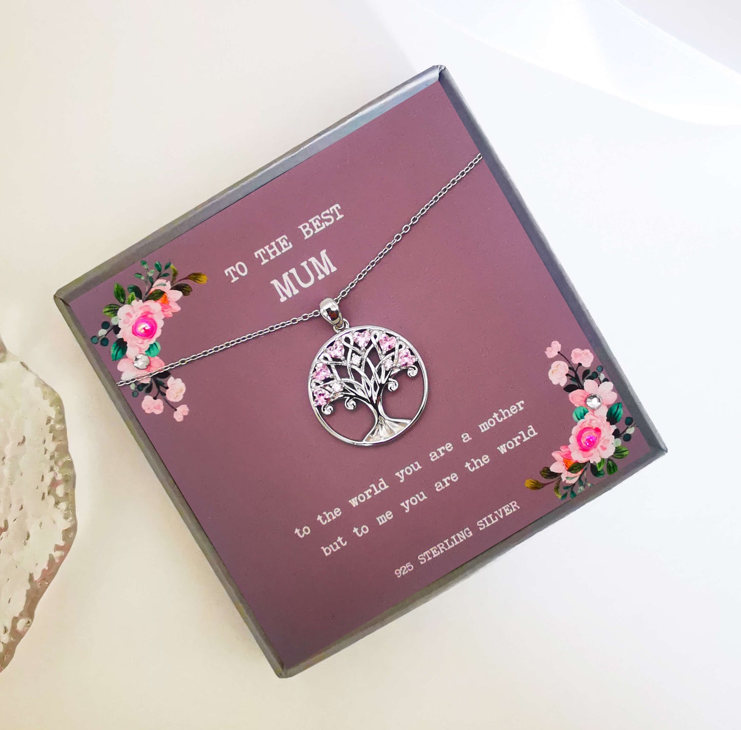 Sterling Silver Tree of Life Pendant with Pink Zircon – Meaningful Gift for Mum with Inspirational Quote