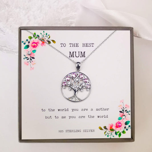 Sterling Silver Tree of Life Pendant with Pink Zircon – Meaningful Gift for Mum with Inspirational Quote