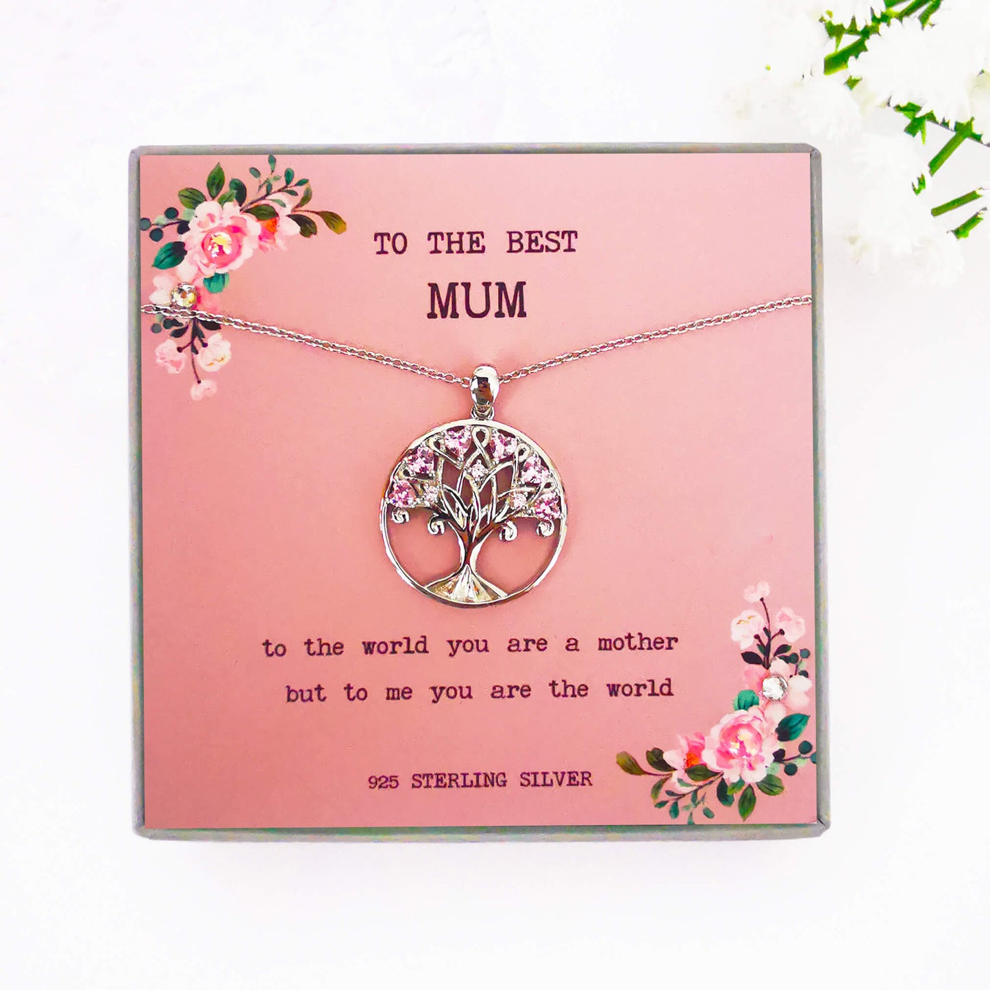 Sterling Silver Tree of Life Pendant with Pink Zircon – Meaningful Gift for Mum with Inspirational Quote