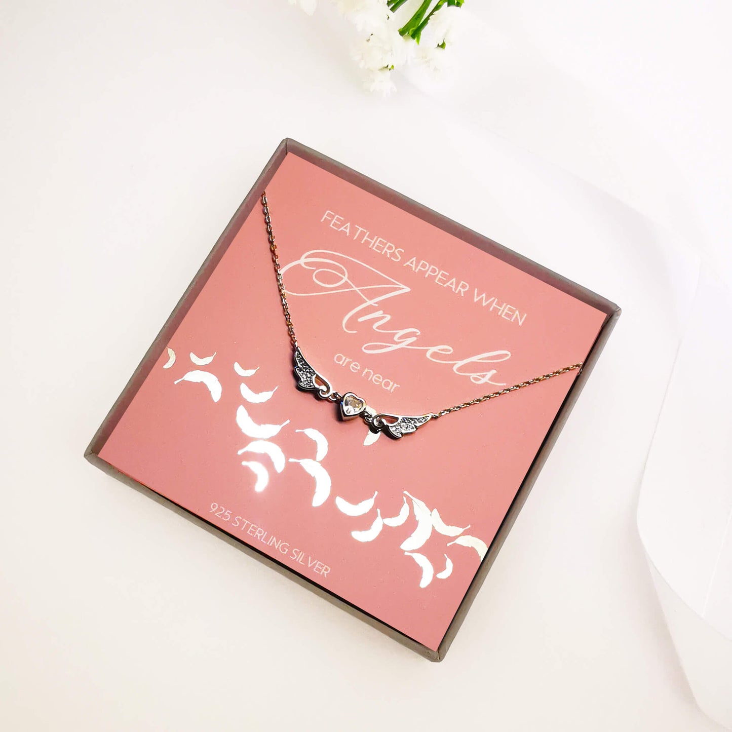 Sterling silver  zirconia angel wing necklace. Beautiful quote gift boxed. The perfect sentimental gift for loss & grief. Memorial keepsake. Pink and silver.