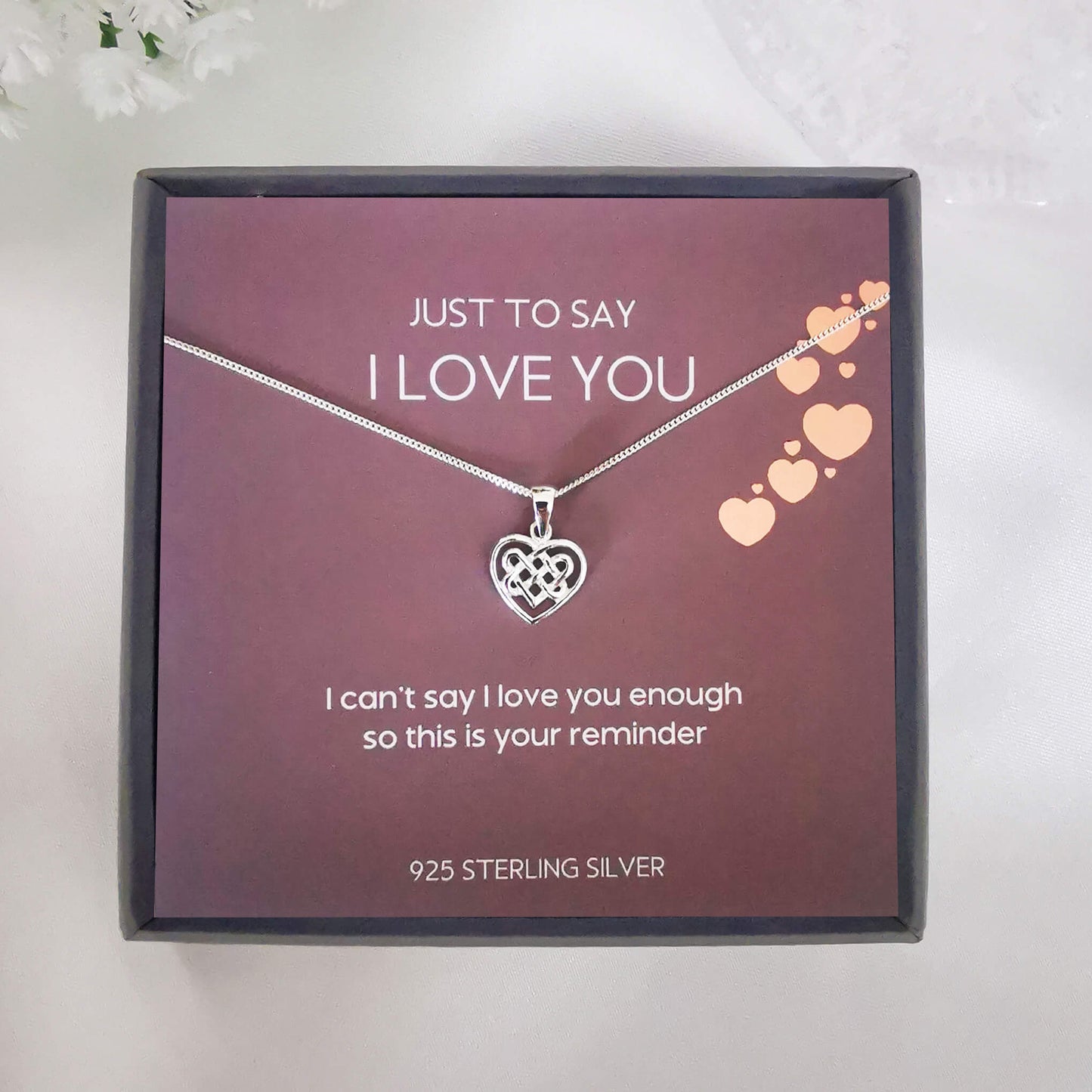 Sterling Silver Minimalist Celtic Pendant Necklace – Romantic Gift with Heartfelt “I Love You” Message