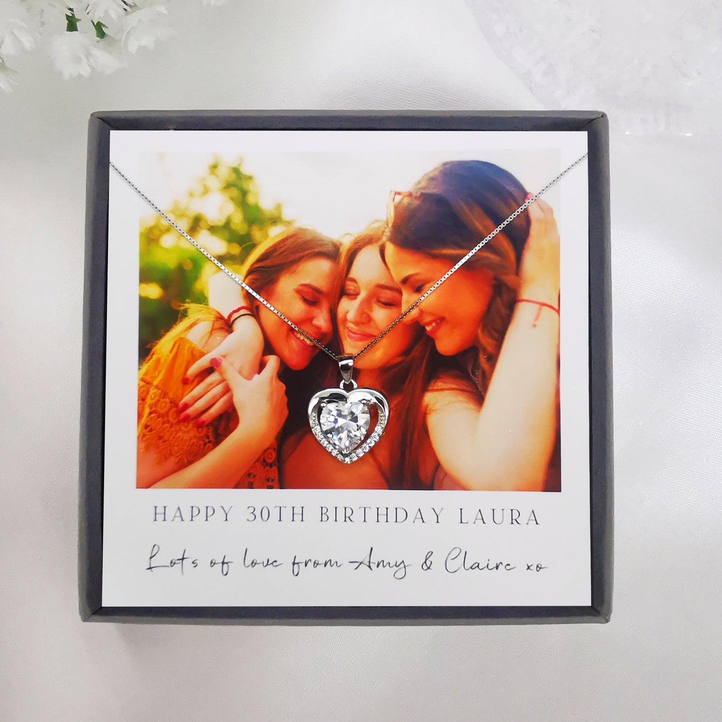 Happy birthday photo necklace. Bespoke personalised gift. Write your own message. Boxed with sterling silver heart pendant necklace. 